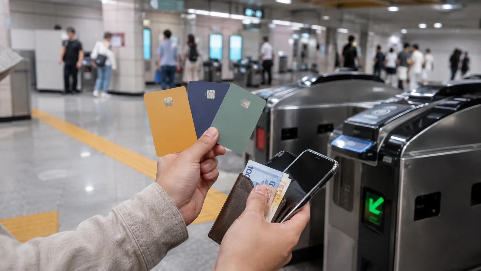 Traveler holding payment and transportation cards near a Seoul subway gate