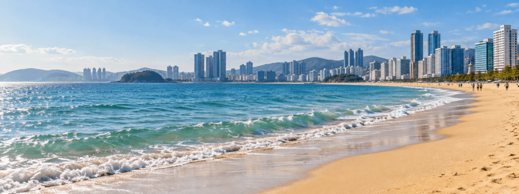 AI-generated illustration of a sandy beach and coastal skyline inspired by Busan