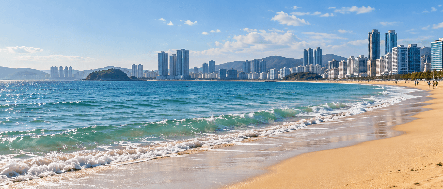 AI-generated illustration of a sandy beach and coastal skyline inspired by Busan