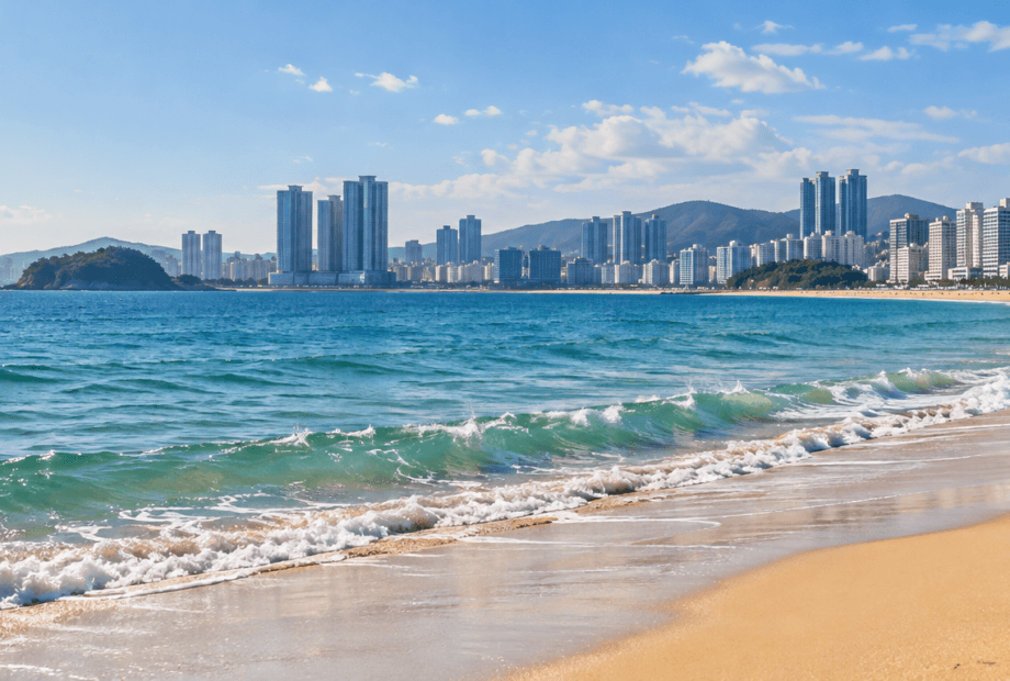 AI-generated illustration of a sandy beach and coastal skyline inspired by Busan