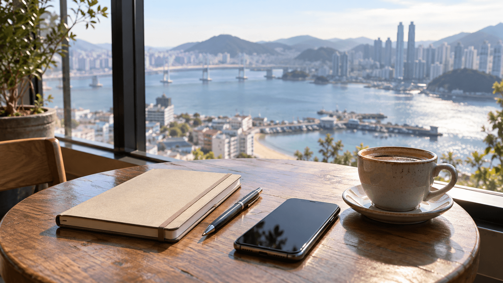Notebook, dark-screen phone and coffee beside a window overlooking a coastal city, in an AI-generated illustration