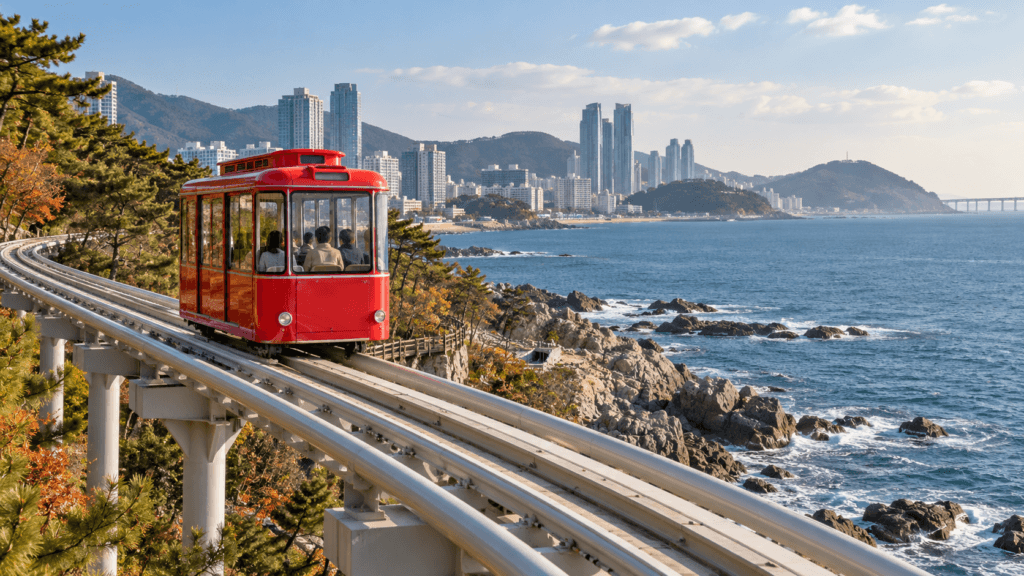 AI-generated illustration of a red sightseeing capsule on elevated coastal rails inspired by Busan