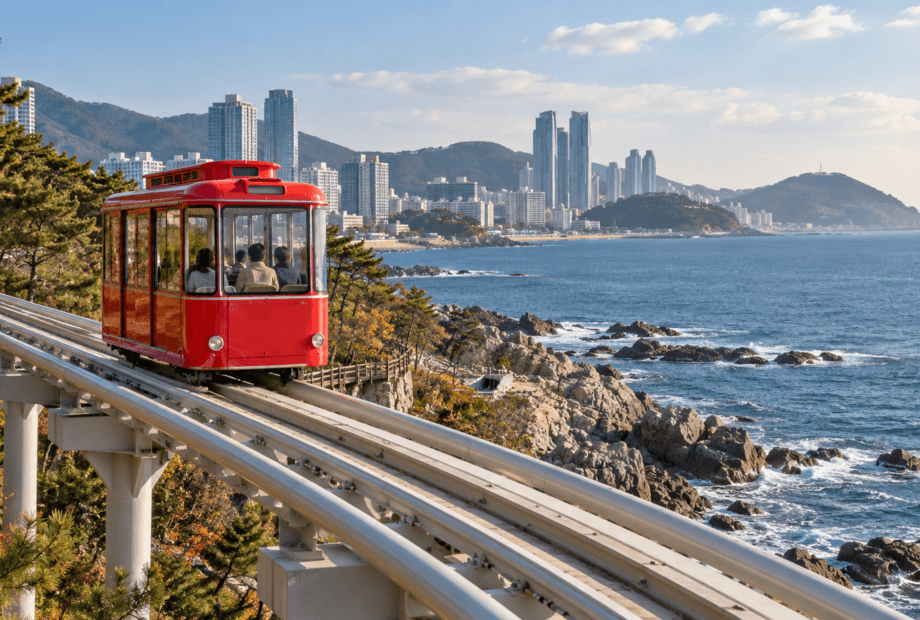 AI-generated illustration of a red sightseeing capsule on elevated coastal rails inspired by Busan