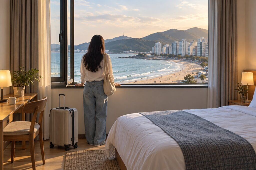 Traveler looking over a sandy beach from a comfortable coastal room