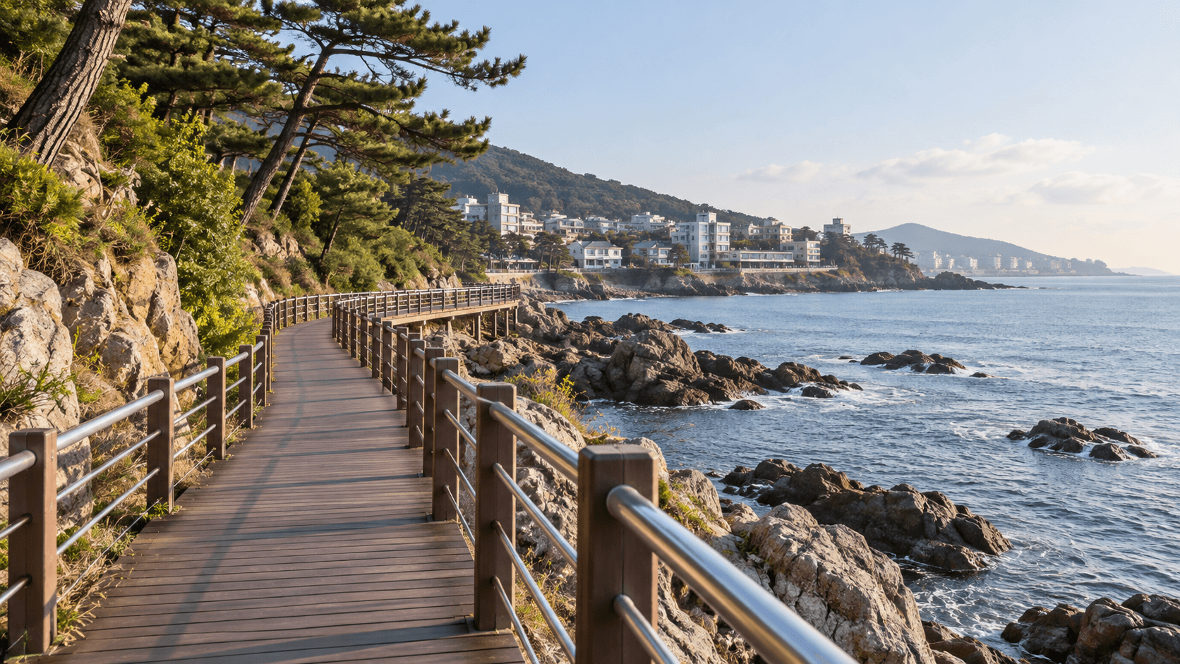 AI-generated illustration of a coastal boardwalk inspired by Cheongsapo