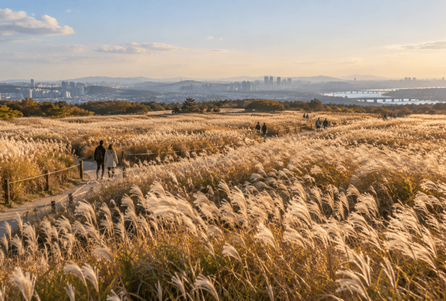 Visitors walking between pale silver grass fields under a broad autumn sky