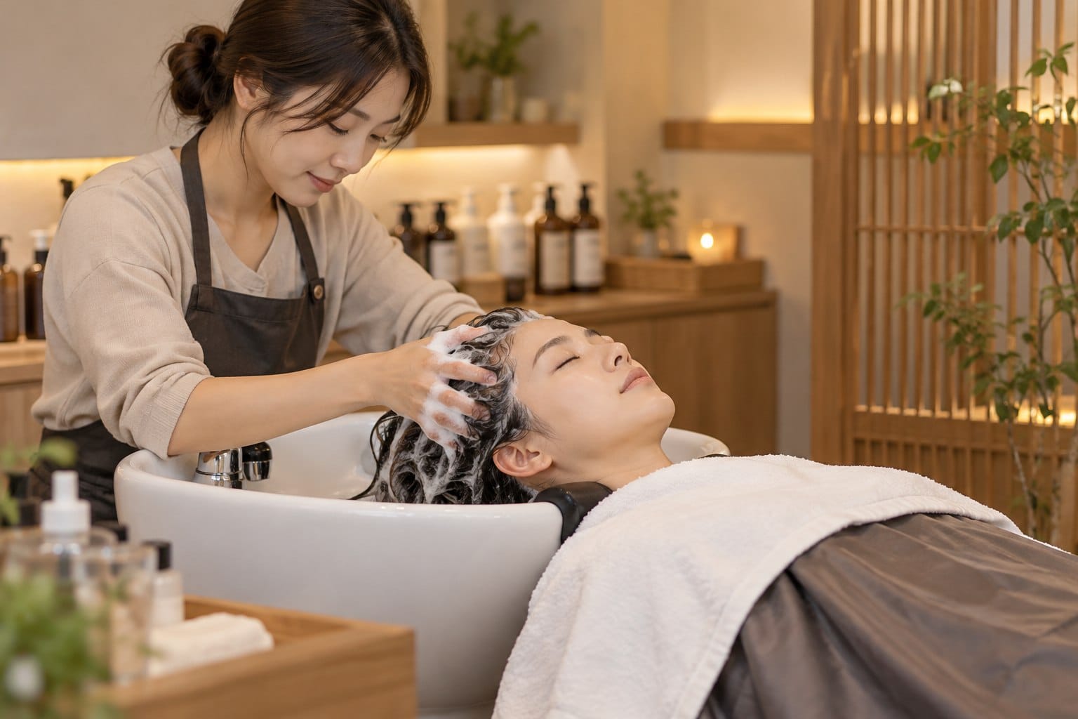 Practitioner gently washing a client's hair at a salon shampoo basin