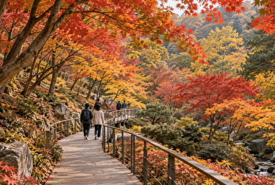 Visitors walking along a wooden hillside path under autumn maple trees
