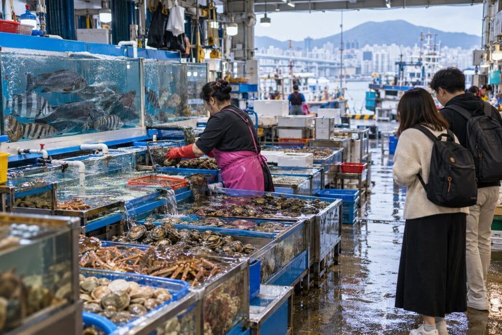 Seafood vendor tending live fish tanks while travelers browse at Jagalchi Market in Busan