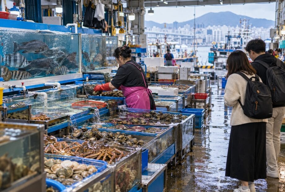 Seafood vendor tending live fish tanks while travelers browse at Jagalchi Market in Busan