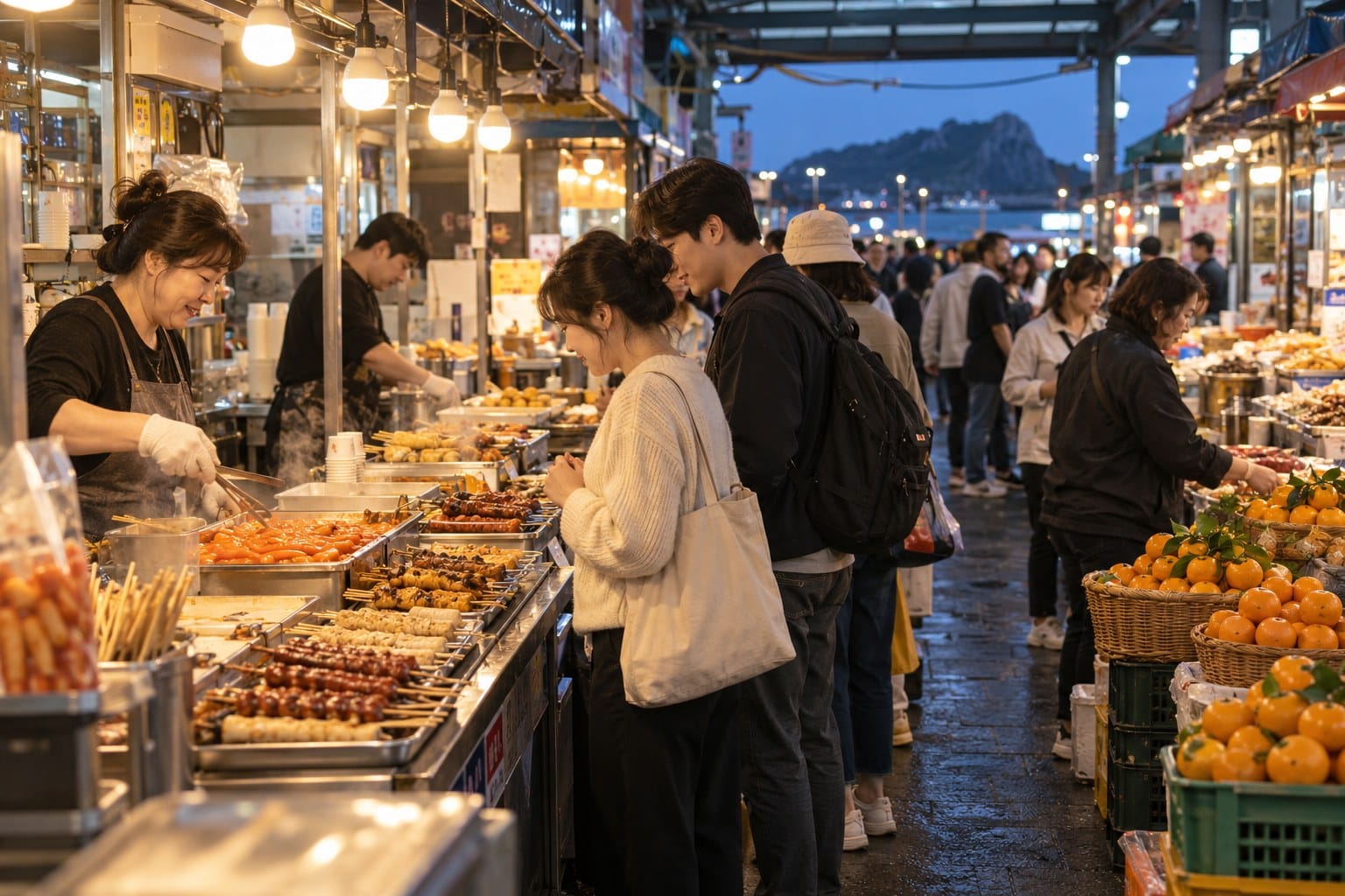 Illustrative evening food-market scene with shoppers and citrus stalls