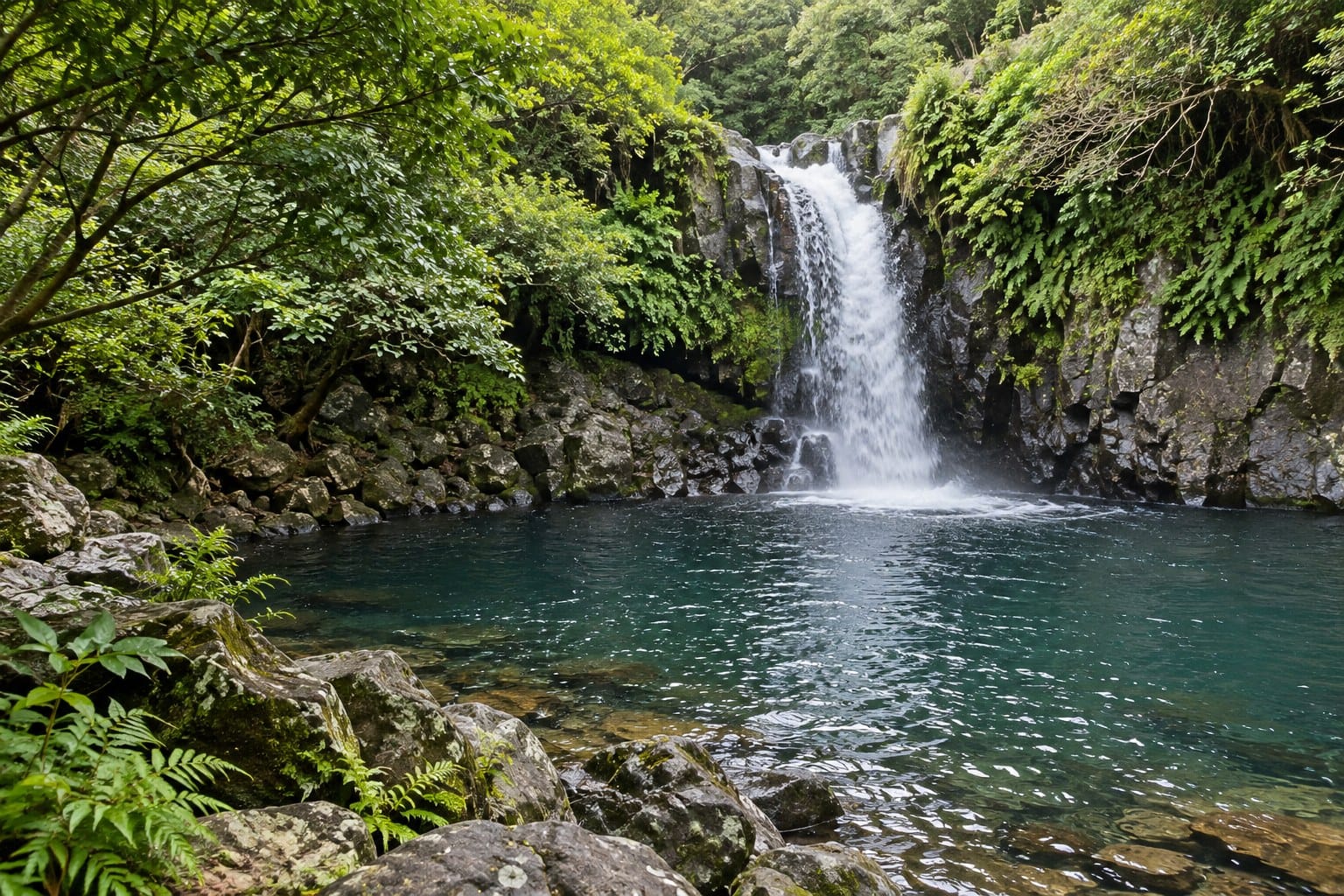 Illustrative waterfall scene with basalt rock and green woodland
