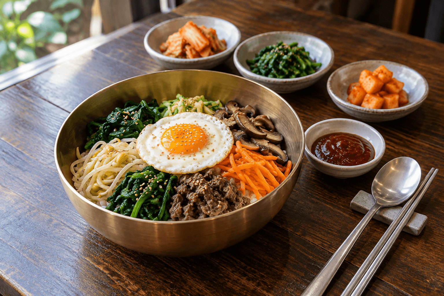 Brass bowl of bibimbap with vegetables, cooked beef and egg beside small side dishes