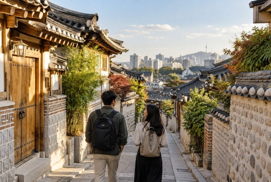 Travelers walking along a Korean hanok lane with tiled roofs and city buildings in the distance