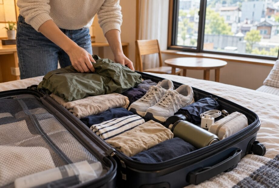 Traveler packing practical clothing, walking shoes and a power adapter for a Korea trip
