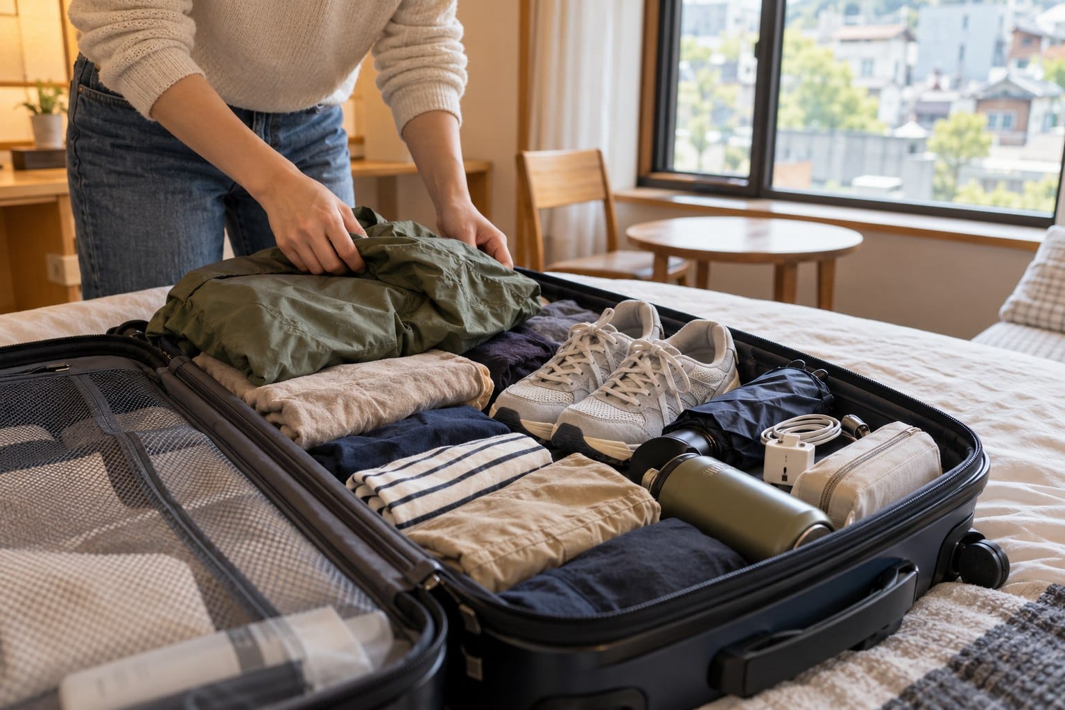 Traveler packing practical clothing, walking shoes and a power adapter for a Korea trip