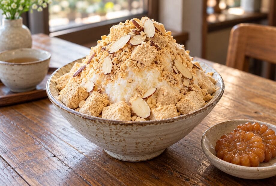 AI-generated illustration of injeolmi bingsu with soybean powder, rice cakes and almonds, beside yakgwa