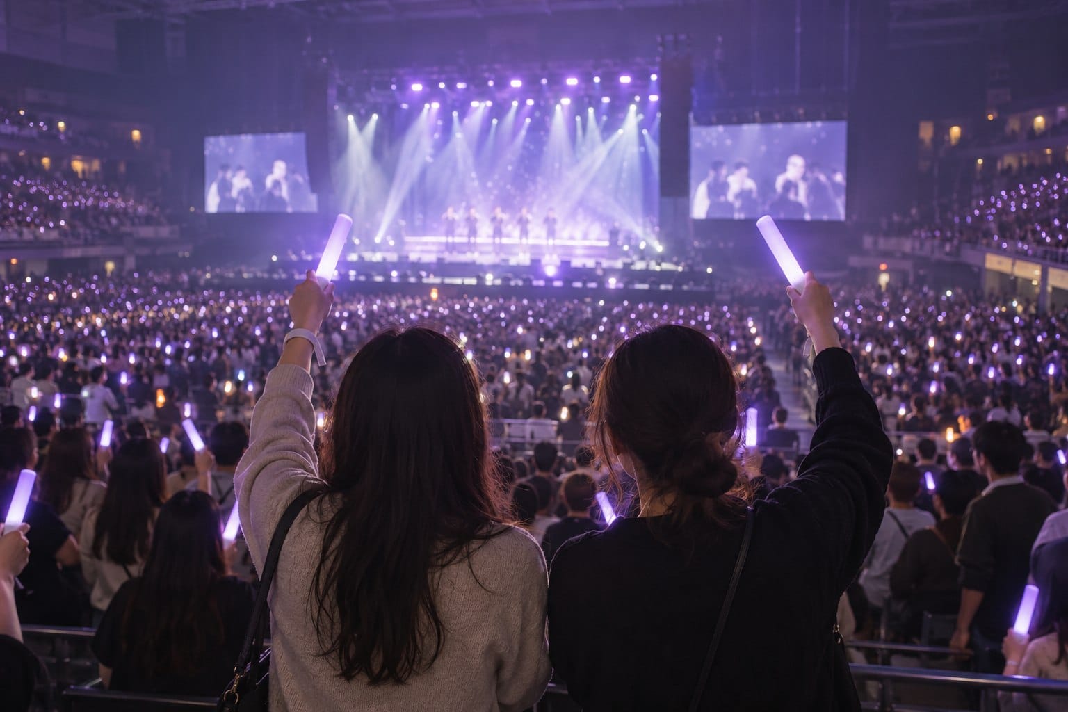 Concert fans holding light sticks while watching a distant stage