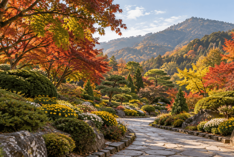 AI-generated illustration of an autumn botanical garden with maples, chrysanthemums and a stone path