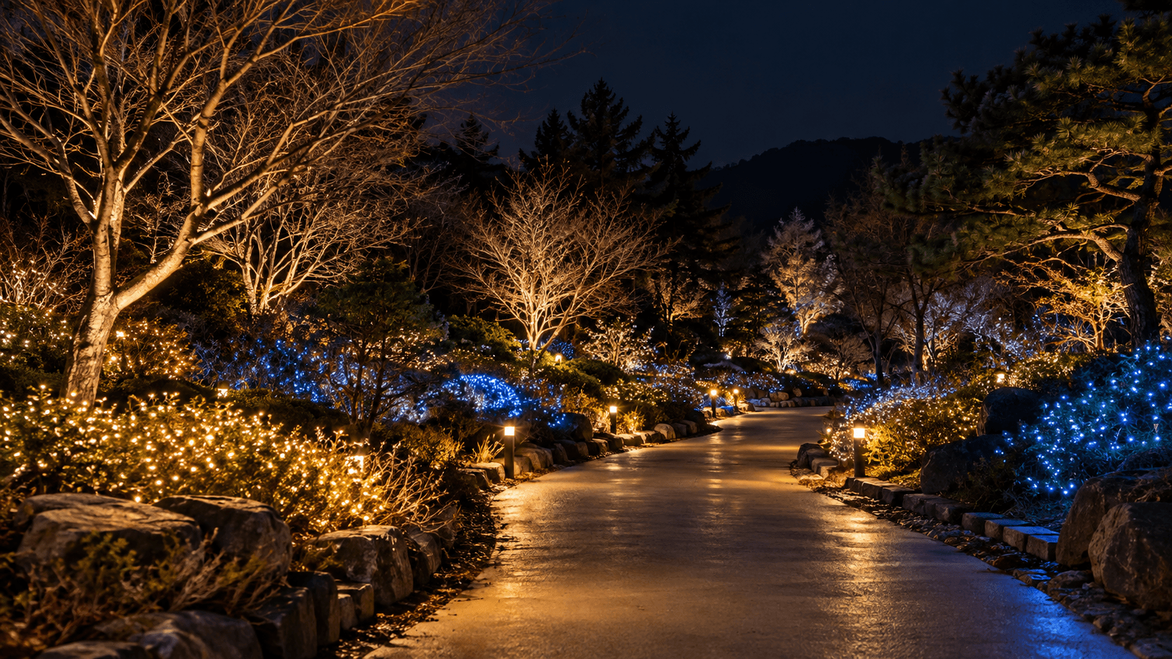 AI-generated concept illustration of a winter garden path with warm white and blue lights
