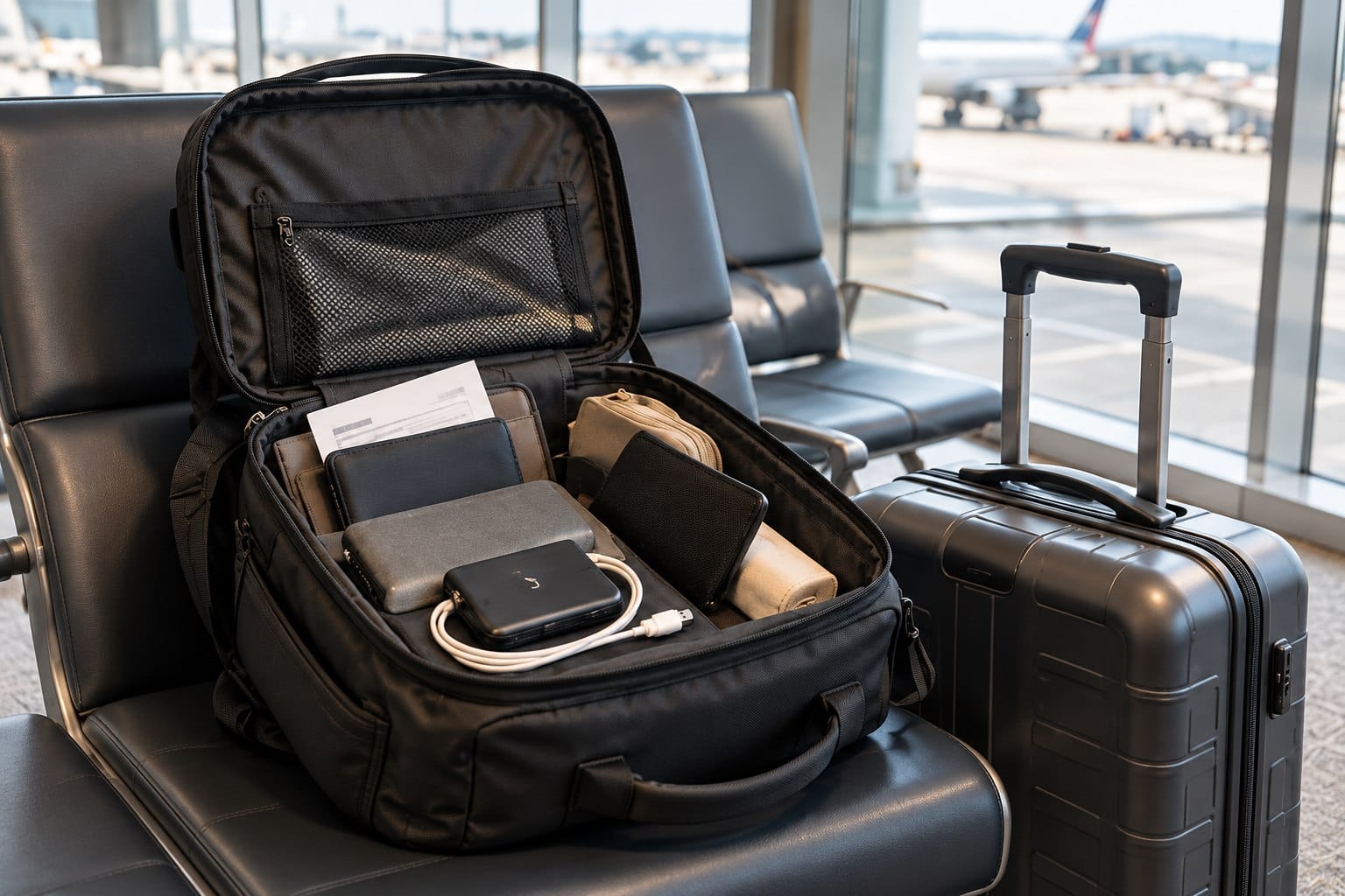 Open carry-on backpack with a power bank and charging cable beside a suitcase