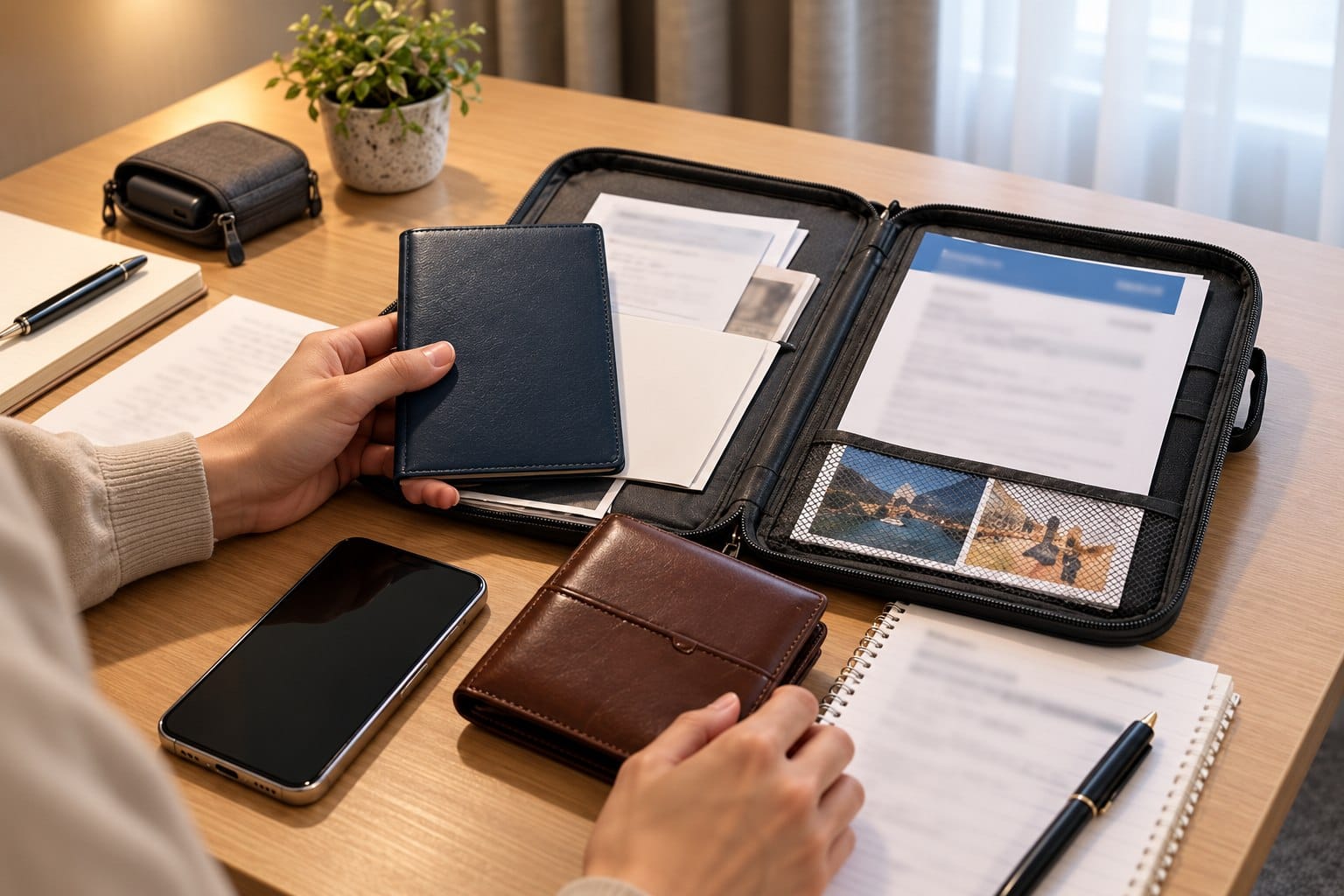 Traveler organizing a passport holder, phone and travel documents on a desk