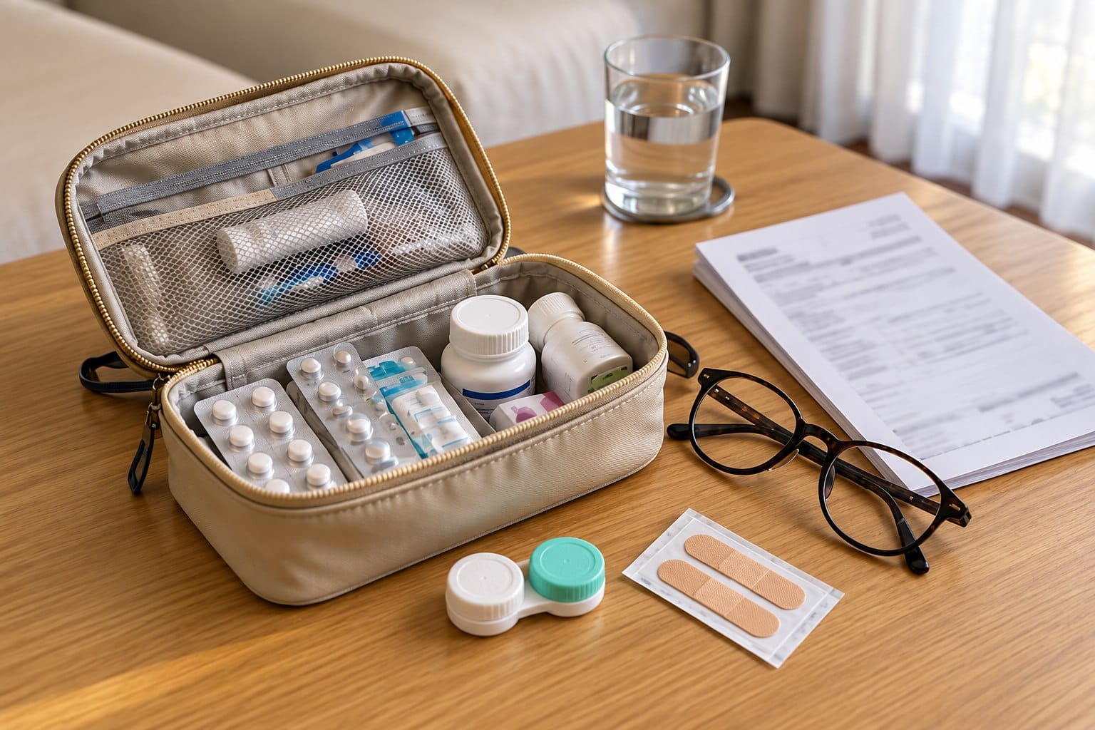 Medicine in packaging, glasses, contact lens case and bandages in a travel health kit