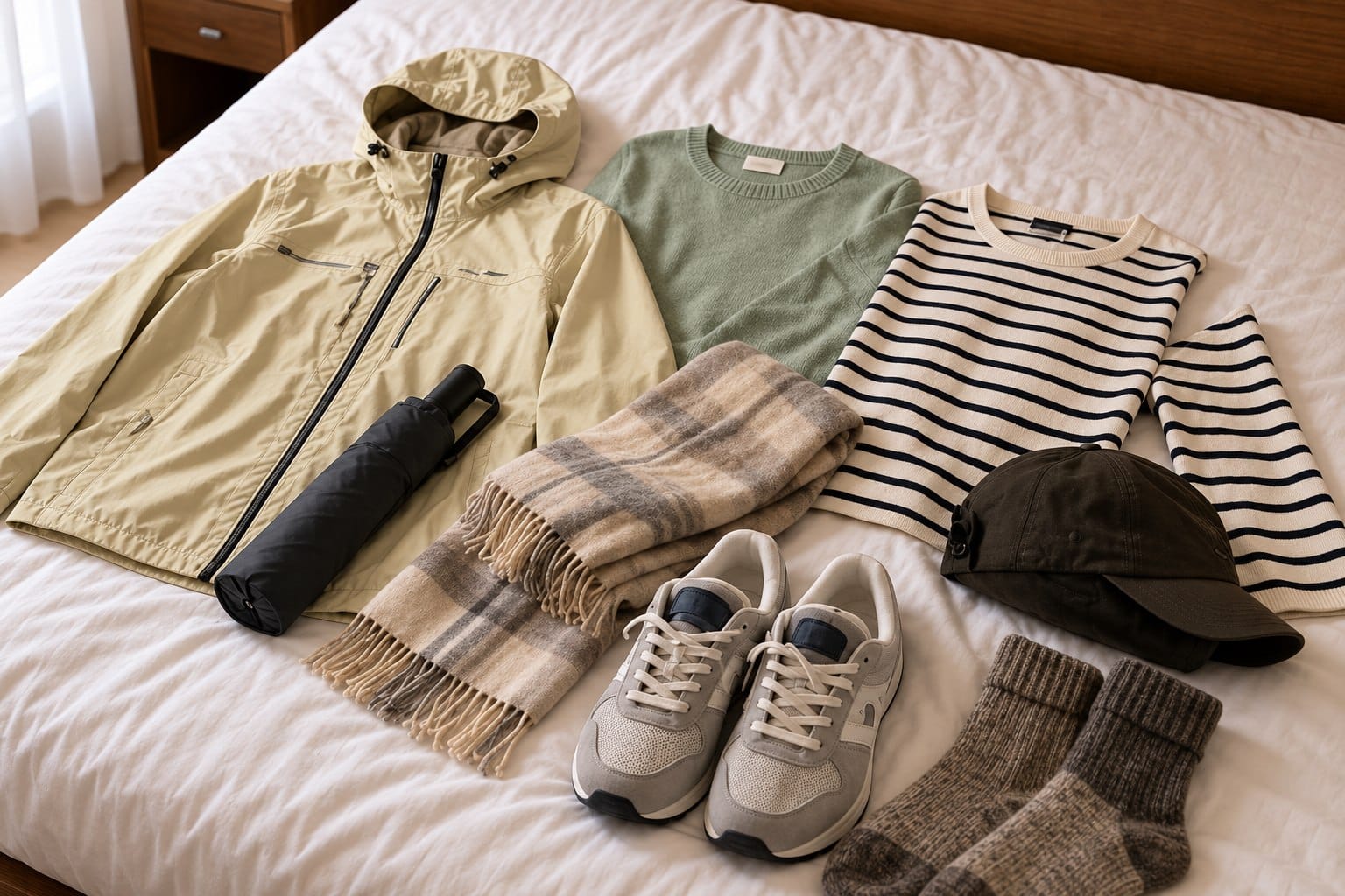Light jacket, sweaters, scarf, umbrella and walking shoes arranged before packing