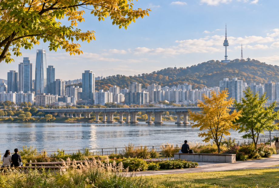 AI-generated illustration of an autumn riverside park and a Seoul-inspired skyline with a distant observation tower
