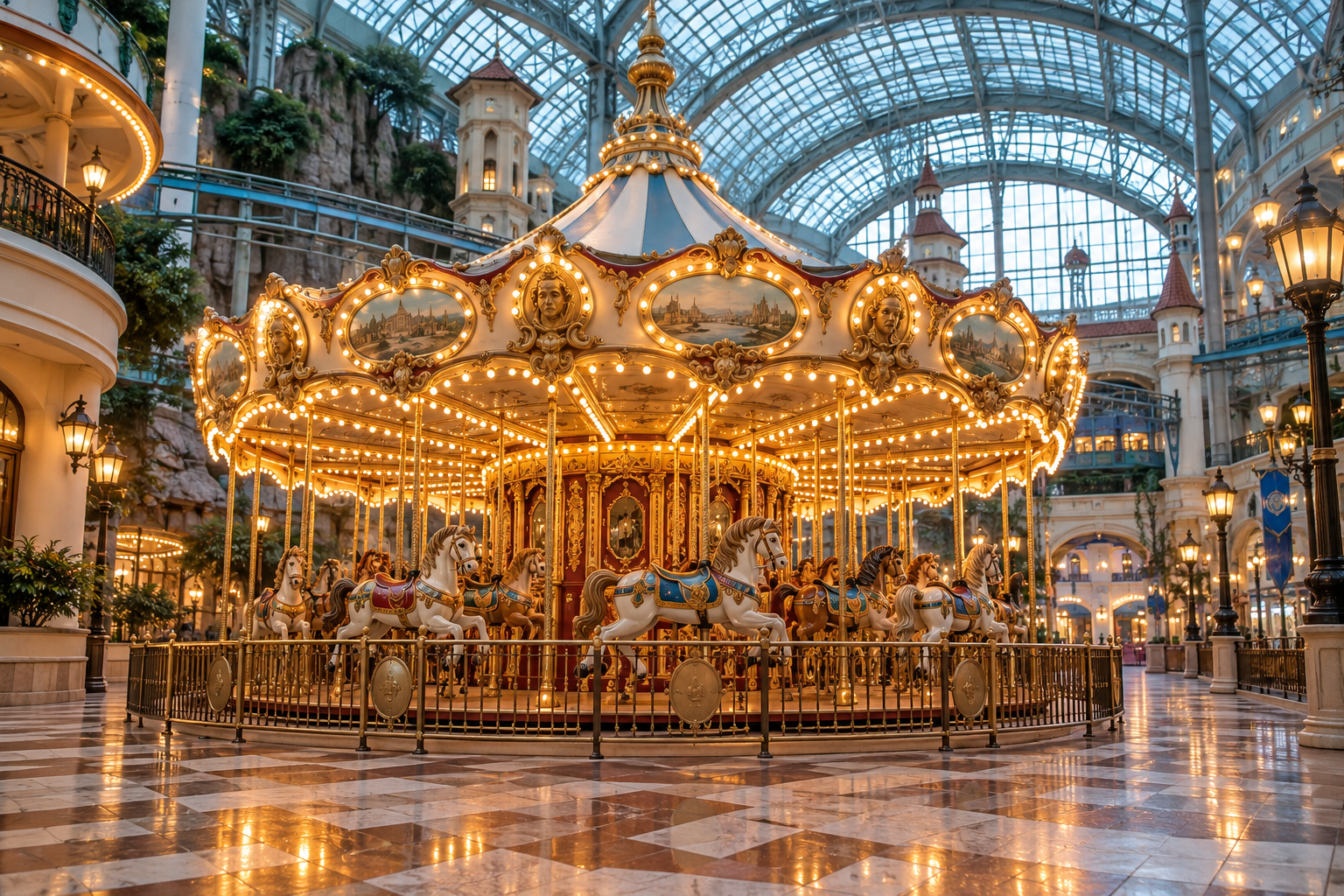 AI-generated concept illustration of a carousel inside a glass-roofed amusement hall