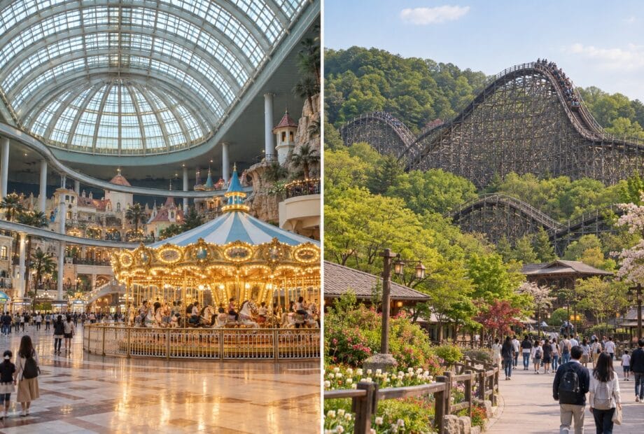 Illustration of an indoor carousel and an outdoor wooden roller coaster