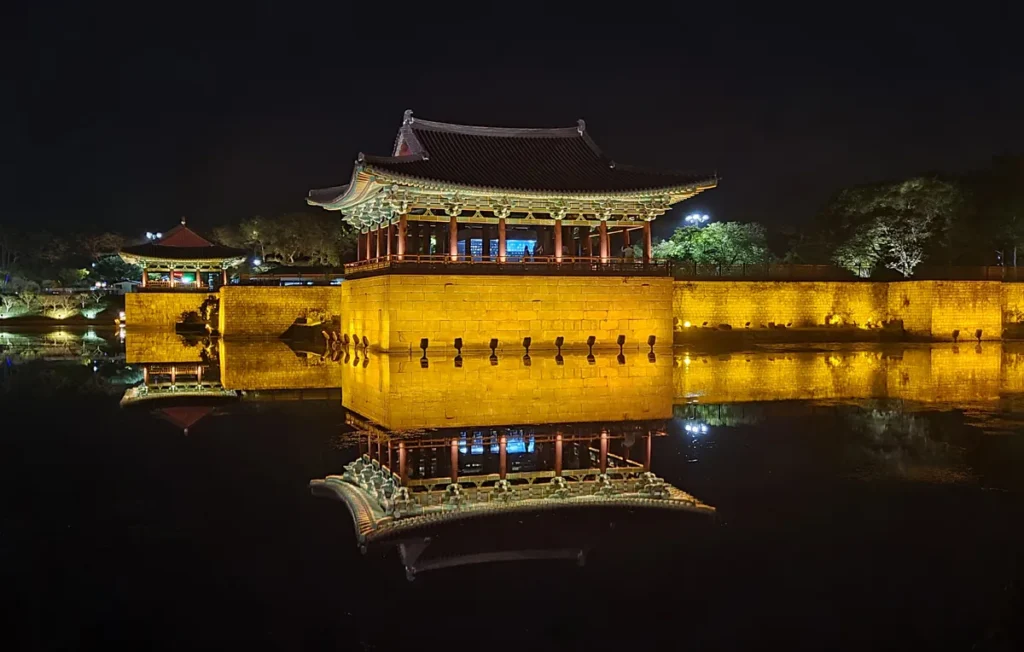 Donggung Palace pavilion and lights reflected on Wolji Pond at night
